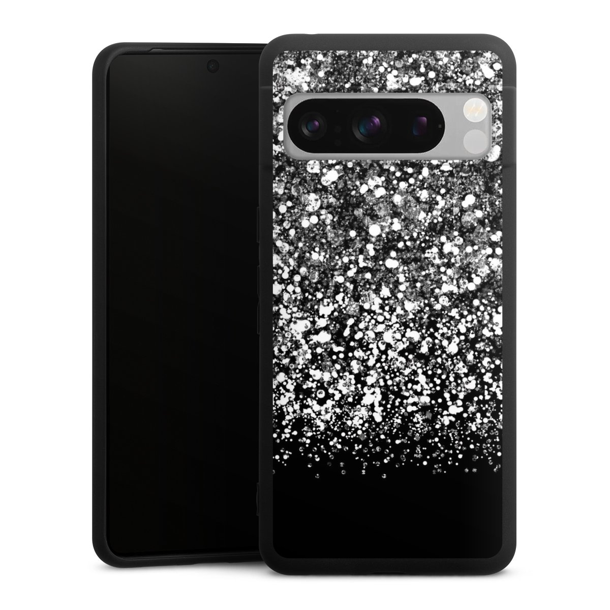 Google Pixel 8 Pro Handy Premium Silikon Hülle Handyhülle schwarz Case Glitzer Snowflake Muster Silikon Premium Case