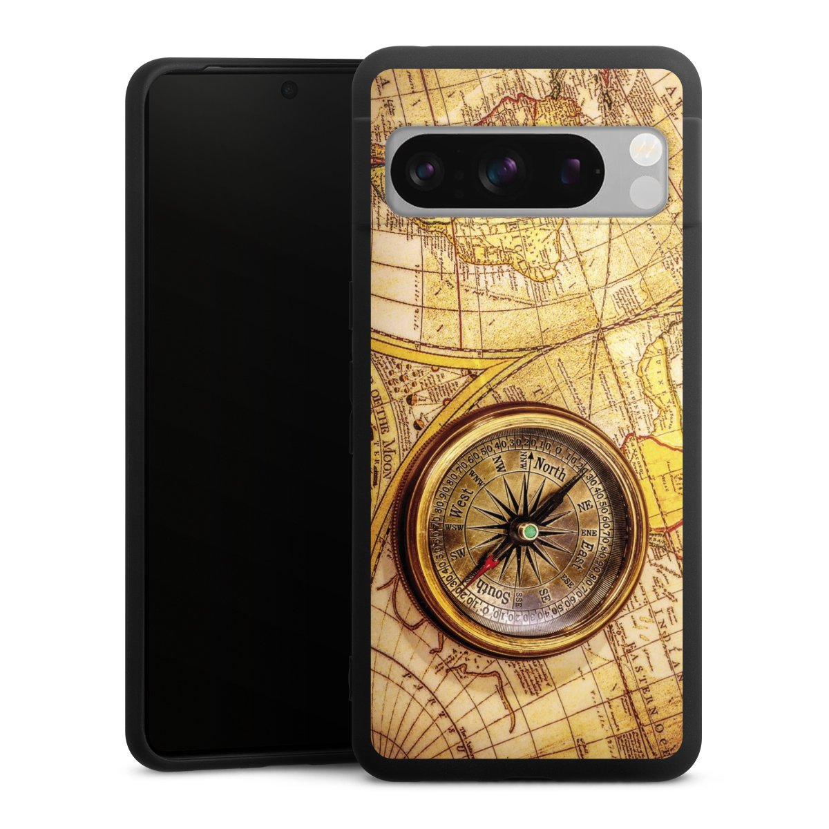 Google Pixel 8 Pro Handy Premium Silikon Hülle Handyhülle schwarz Case World Map Map Compass Silikon Premium Case