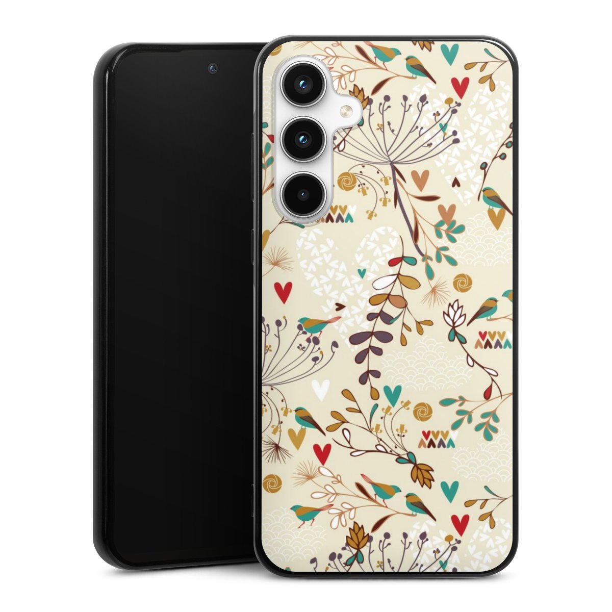 Galaxy A35 5G Handy Silikon Hülle Case schwarz Handyhülle Bird Flowers Retro