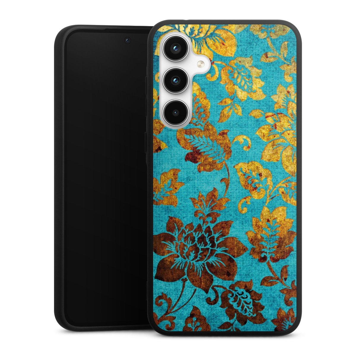 Galaxy A35 5G Handy Premium Silikon Hülle Handyhülle schwarz Case Ornament Vintage Flowers Silikon Premium Case