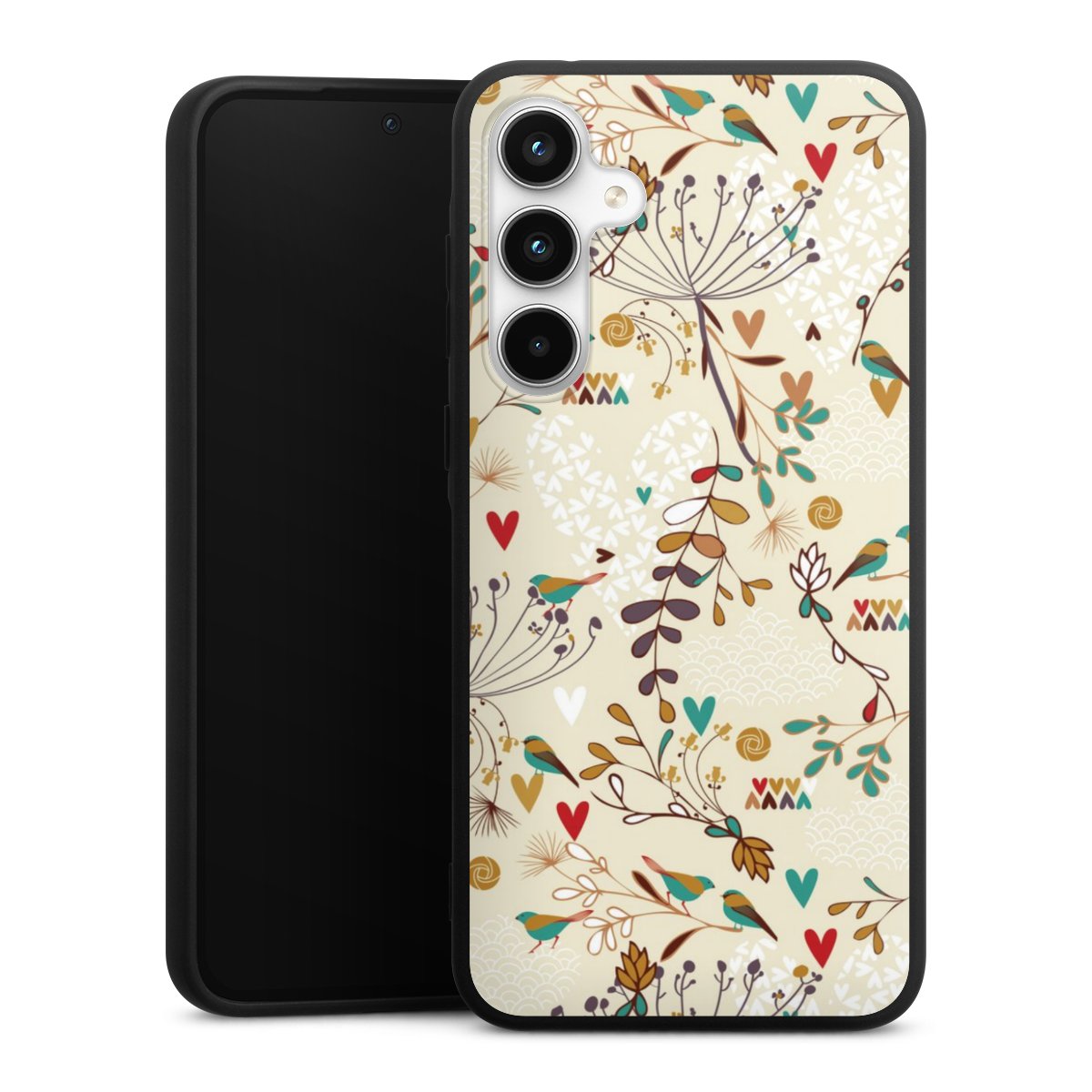 Galaxy A35 5G Handy Premium Silikon Hülle Handyhülle schwarz Case Bird Flowers Retro Silikon Premium Case