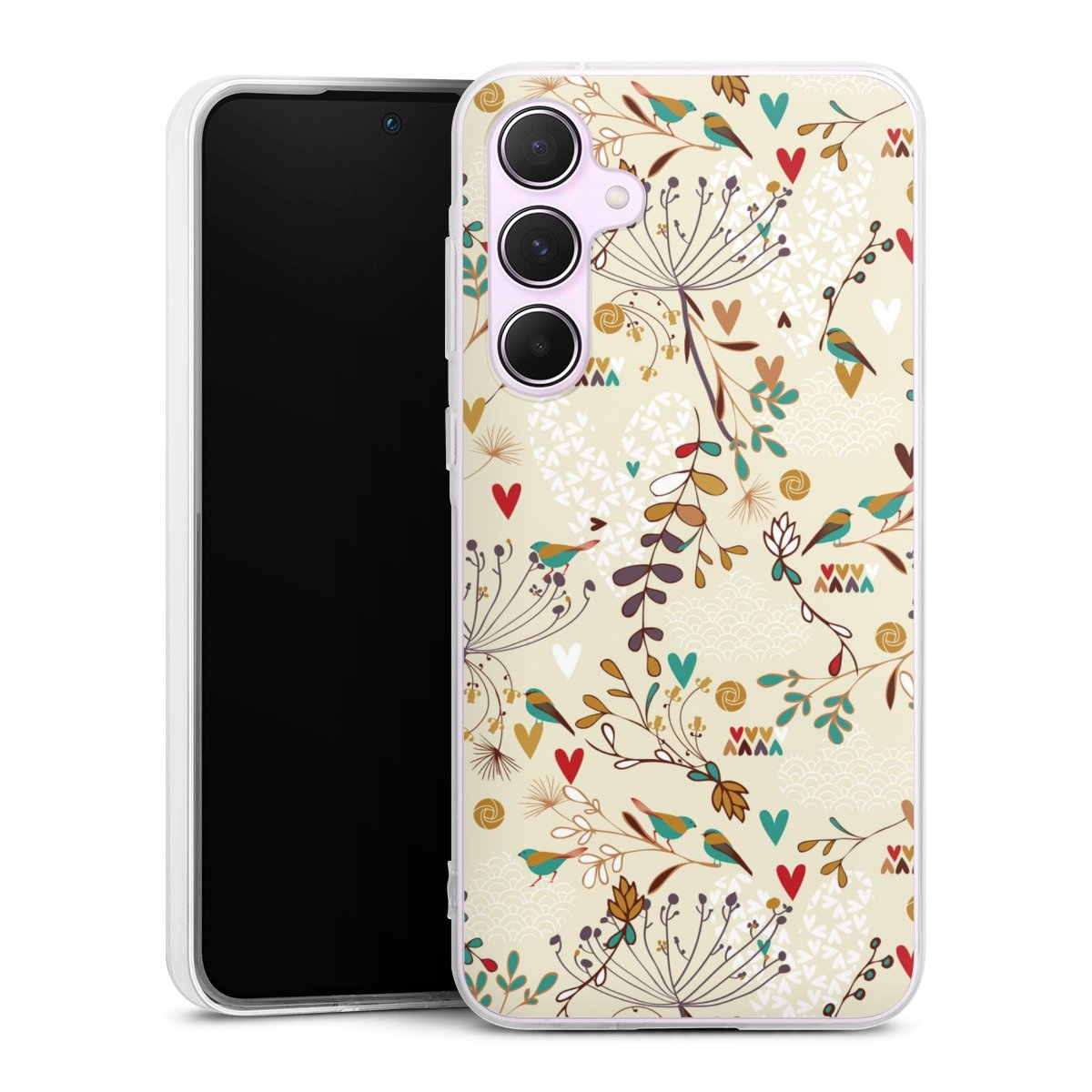 Galaxy A55 5G Handy Silikon Hülle Case transparent Handyhülle Bird Flowers Retro Silikon Case