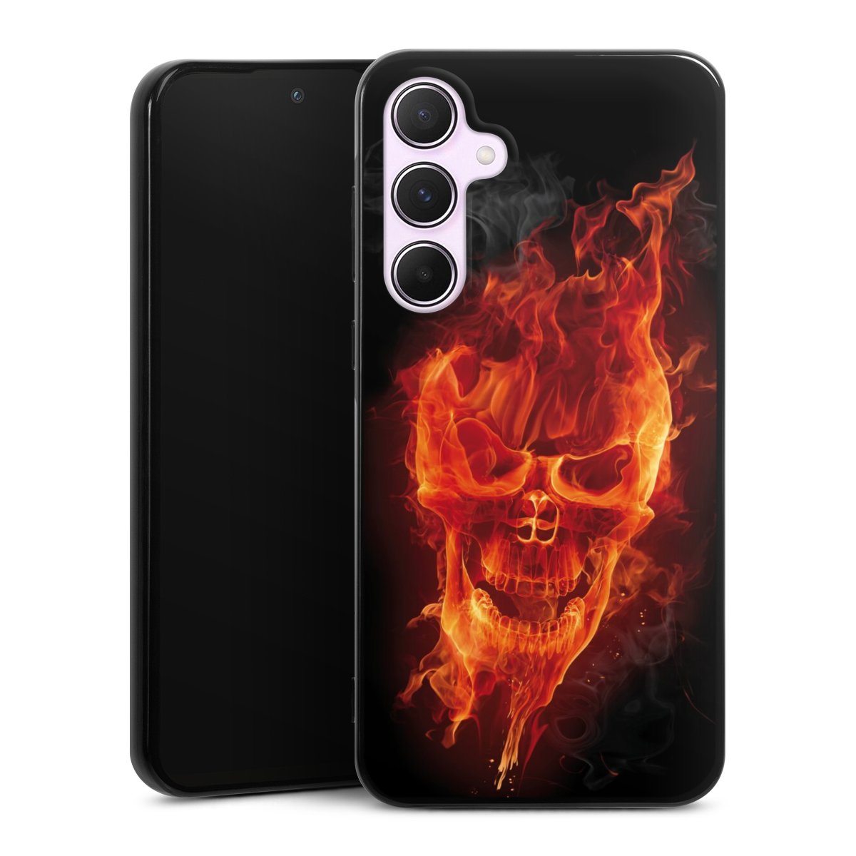 Galaxy A55 5G Handy Silikon Hülle Case schwarz Handyhülle Totenkopf Skull Fire