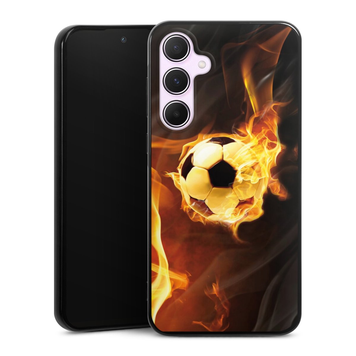 Galaxy A55 5G Handy Silikon Hülle Case schwarz Handyhülle Ball Fire Soccer