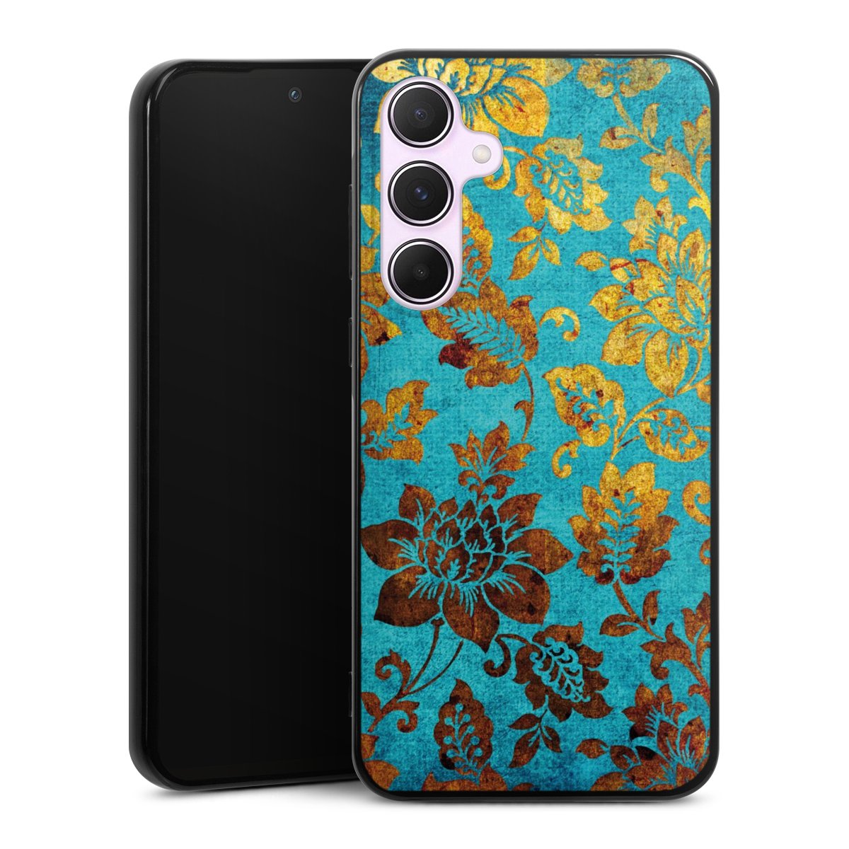 Galaxy A55 5G Handy Silikon Hülle Case schwarz Handyhülle Ornament Vintage Flowers