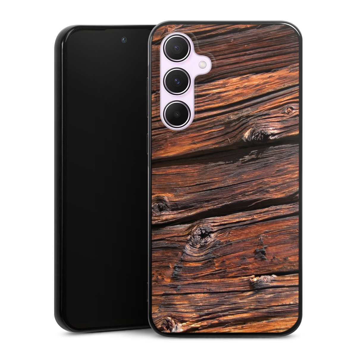 Galaxy A55 5G Handy Silikon Hülle Case schwarz Handyhülle Beams Wooden Look Wood