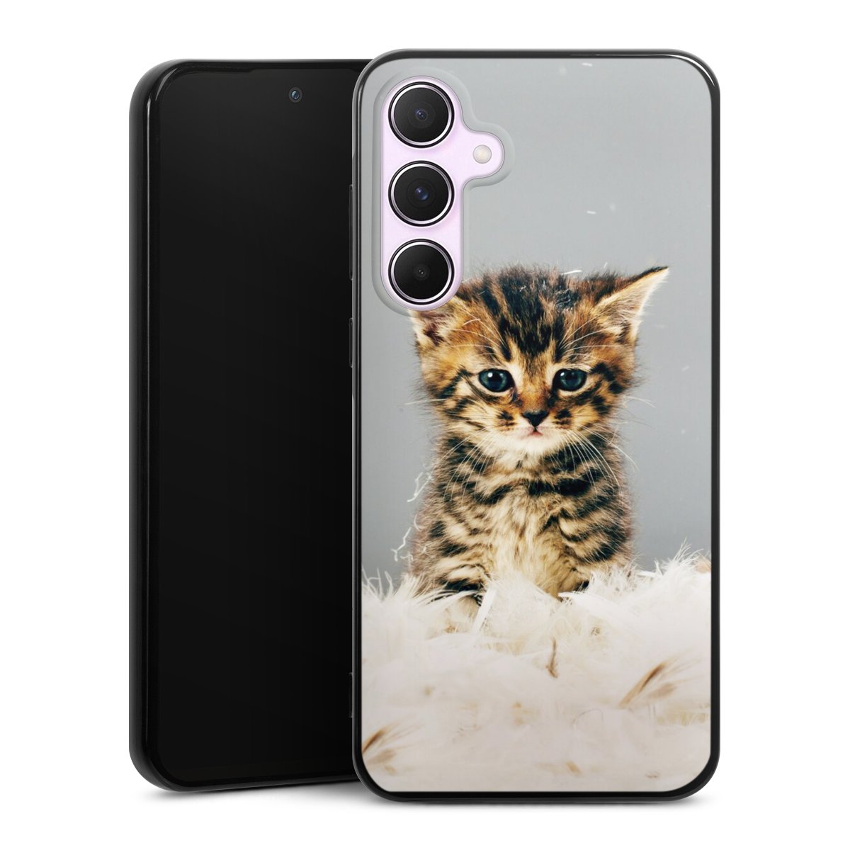 Galaxy A55 5G Handy Silikon Hülle Case schwarz Handyhülle Cat Feather Pet