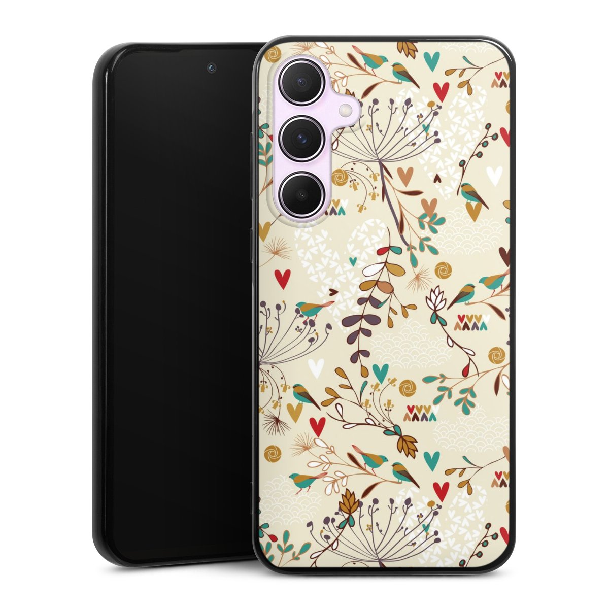 Galaxy A55 5G Handy Silikon Hülle Case schwarz Handyhülle Bird Flowers Retro