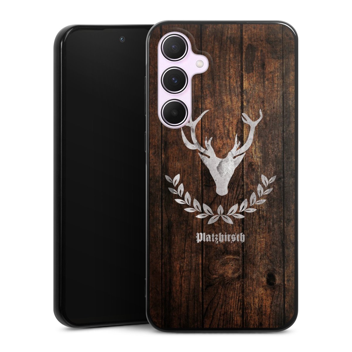 Galaxy A55 5G Handy Silikon Hülle Case schwarz Handyhülle Deer Wood Wooden Look