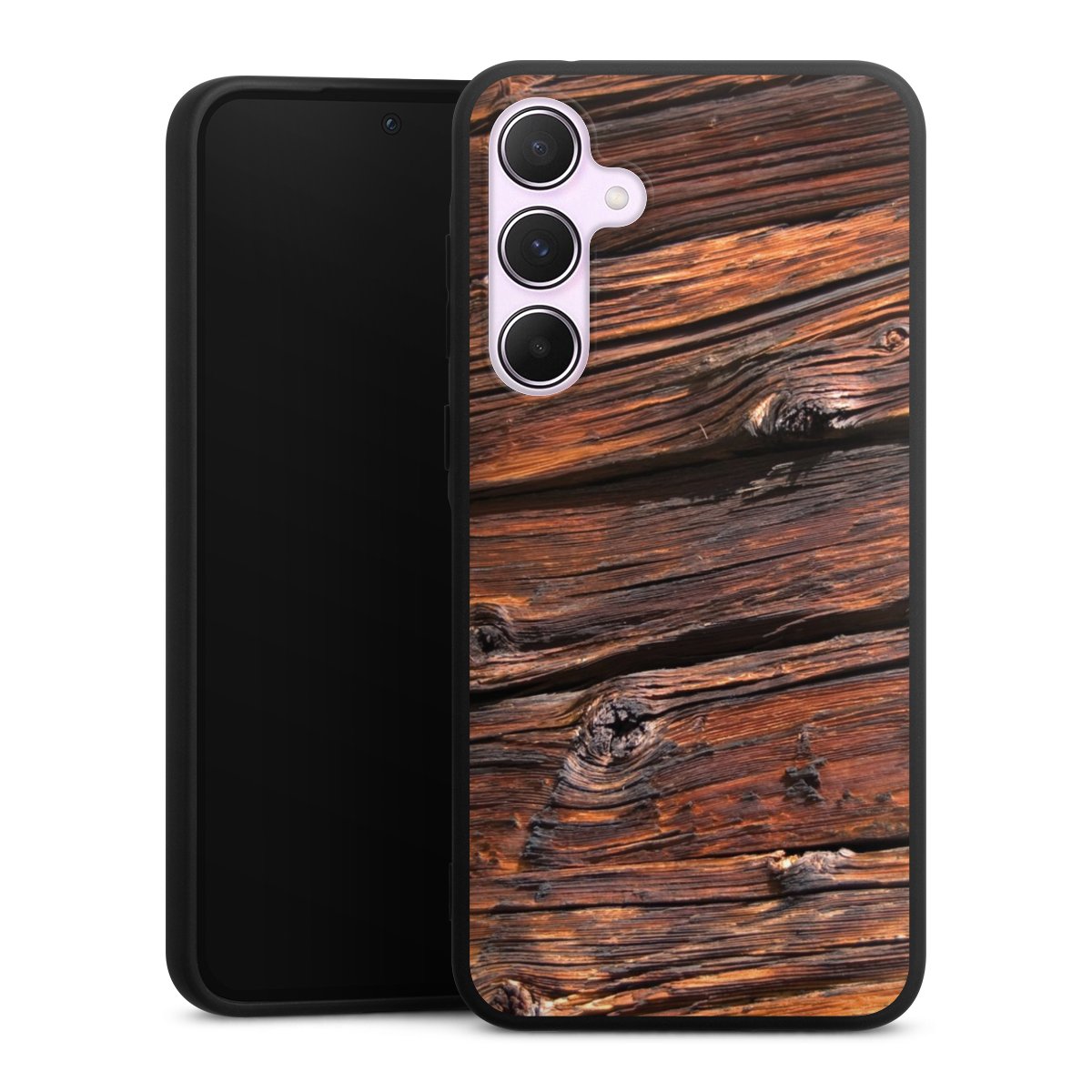 Galaxy A55 5G Handy Premium Silikon Hülle Handyhülle schwarz Case Beams Wooden Look Wood Silikon Premium Case