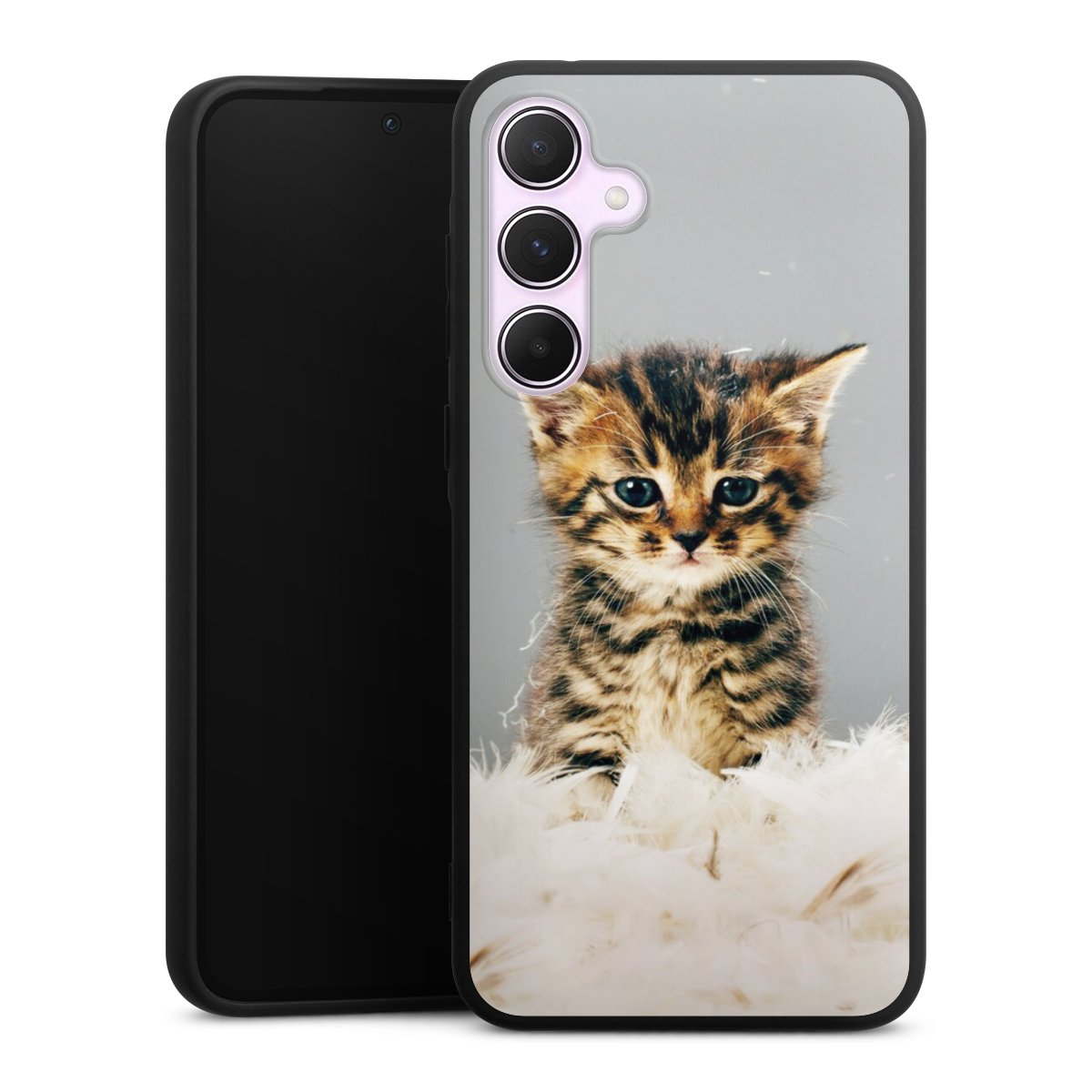 Galaxy A55 5G Handy Premium Silikon Hülle Handyhülle schwarz Case Cat Feather Pet Silikon Premium Case