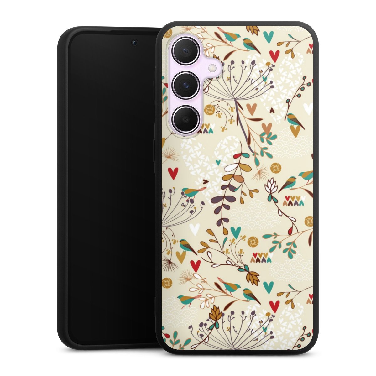 Galaxy A55 5G Handy Premium Silikon Hülle Handyhülle schwarz Case Bird Flowers Retro Silikon Premium Case