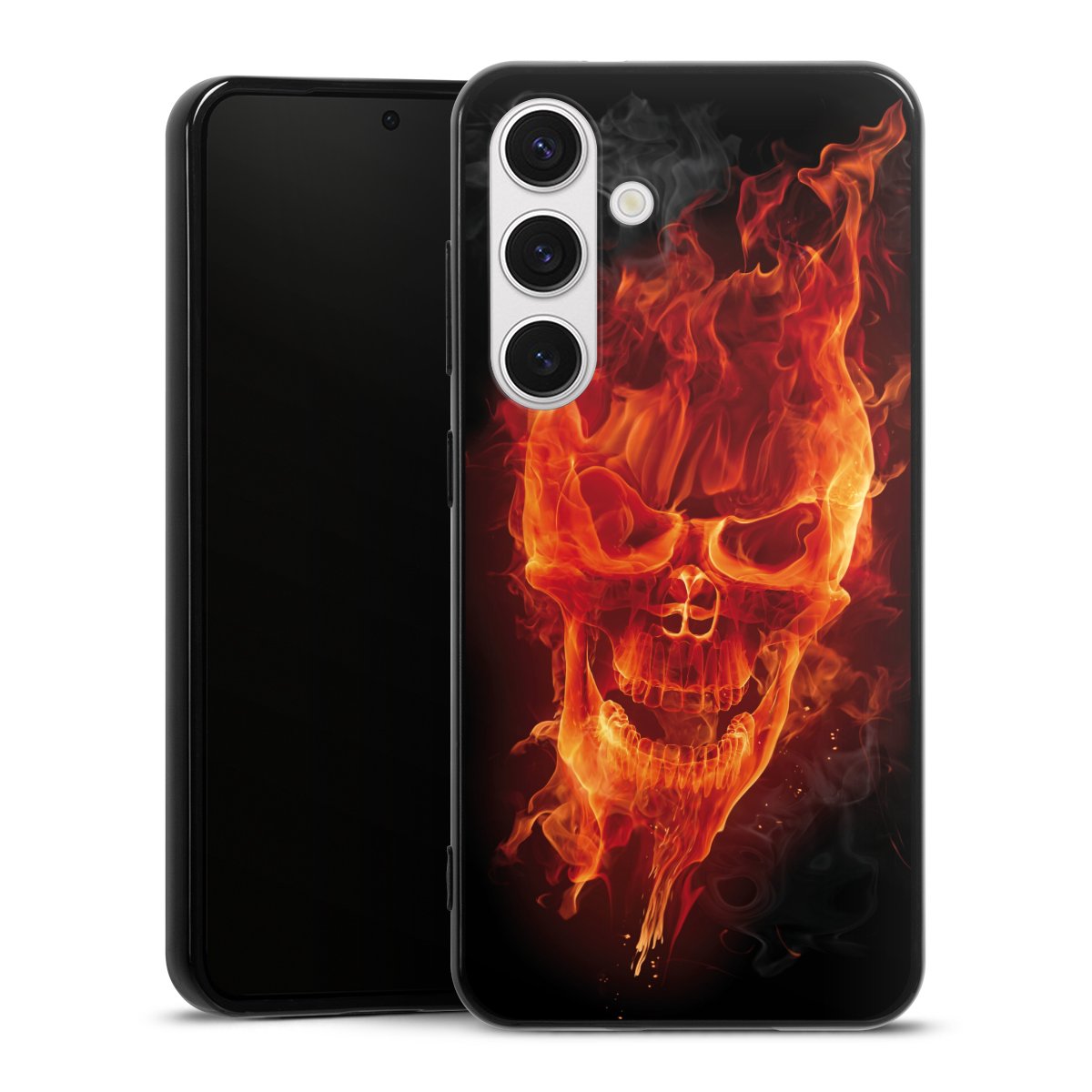 Galaxy S24 Handy Silikon Hülle Case schwarz Handyhülle Totenkopf Skull Fire