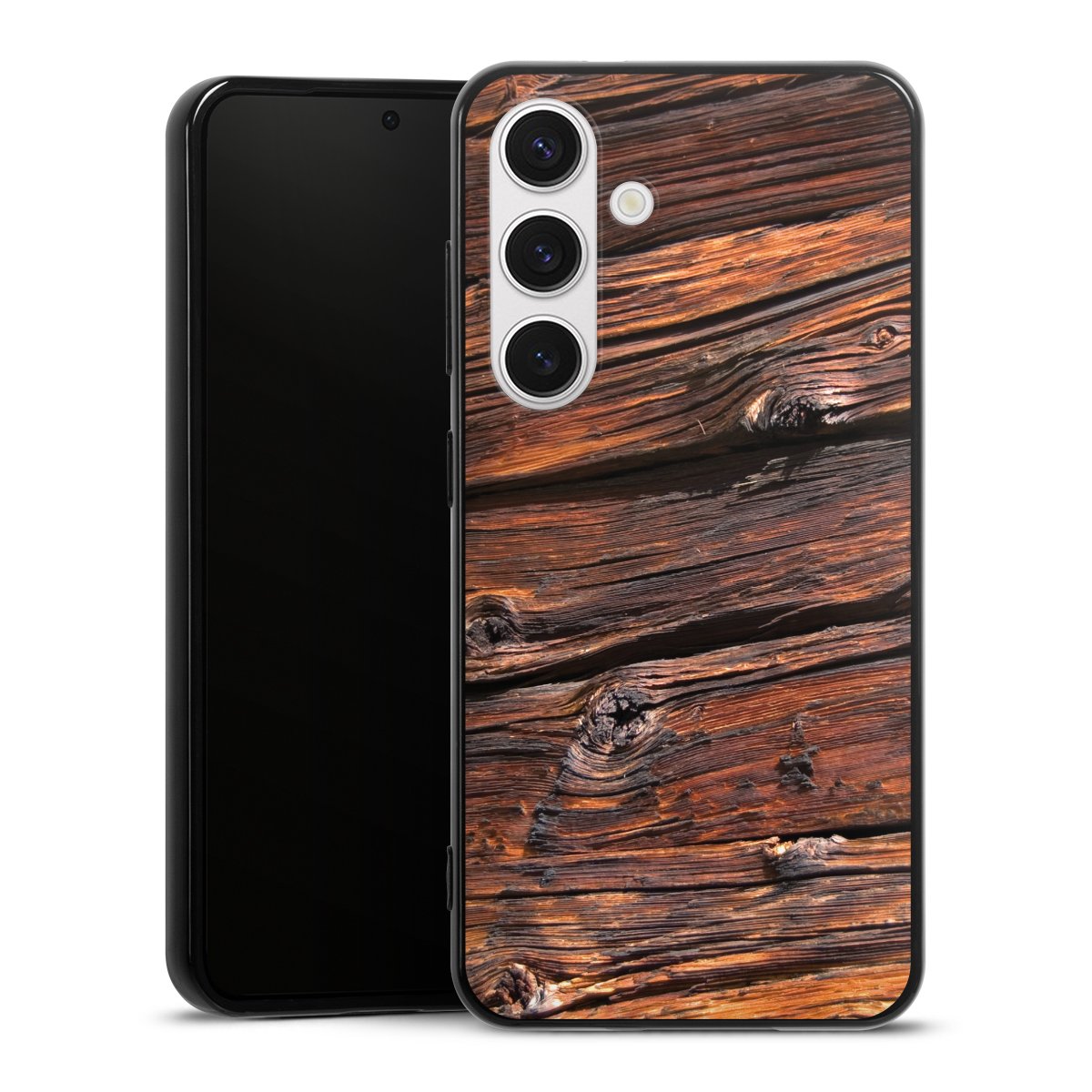 Galaxy S24 Handy Silikon Hülle Case schwarz Handyhülle Beams Wooden Look Wood