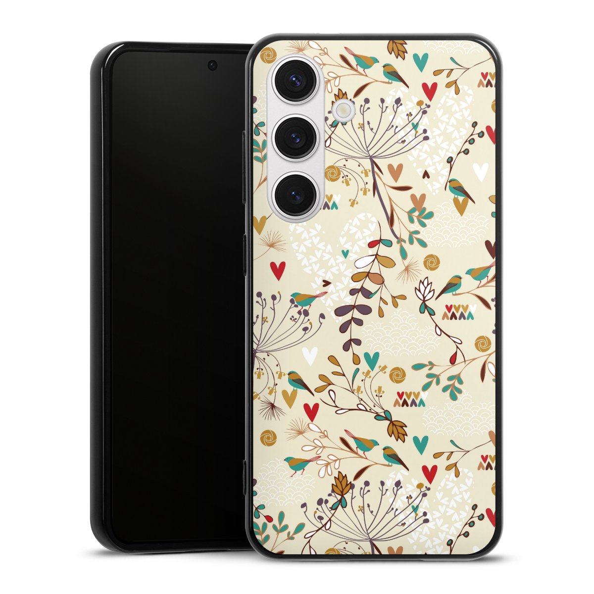 Galaxy S24 Handy Silikon Hülle Case schwarz Handyhülle Bird Flowers Retro