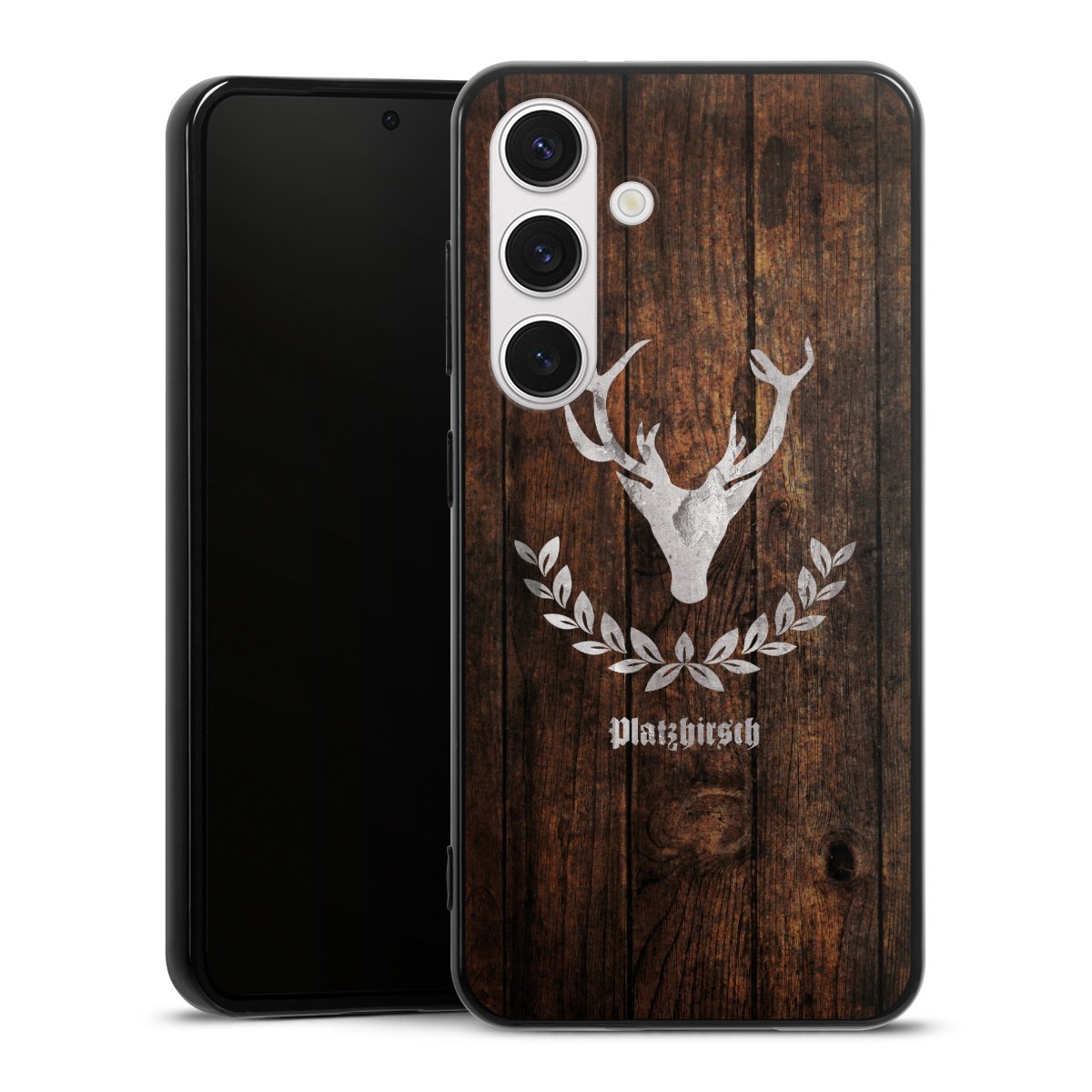 Galaxy S24 Handy Silikon Hülle Case schwarz Handyhülle Deer Wood Wooden Look