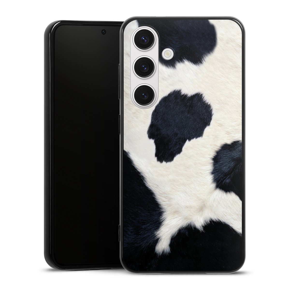 Galaxy S24 Handy Silikon Hülle Case schwarz Handyhülle Animal Look Animal Print Cow Skin