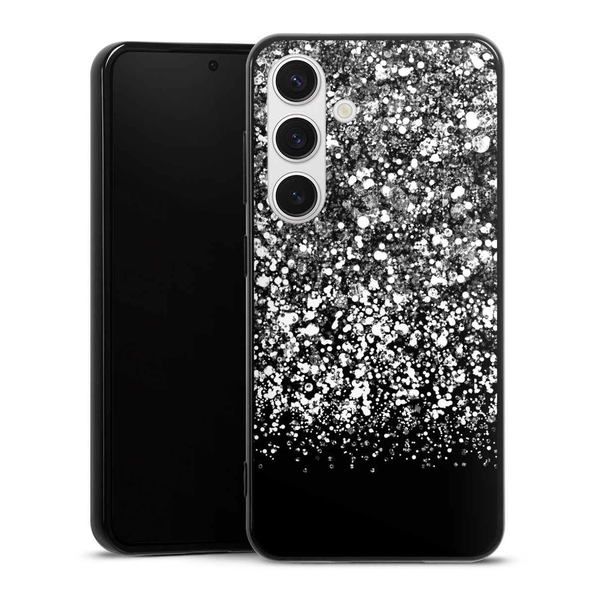 Galaxy S24 Handy Silikon Hülle Case schwarz Handyhülle Glitzer Snowflake Muster