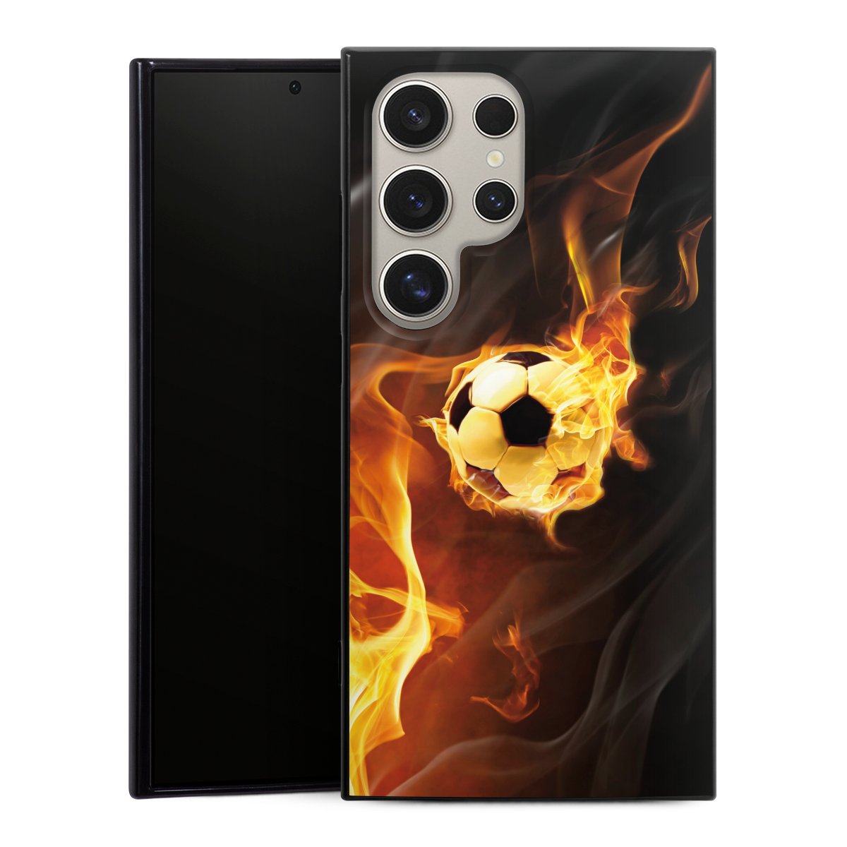 Galaxy S24 Ultra Handy Silikon Hülle Case schwarz Handyhülle Ball Fire Soccer