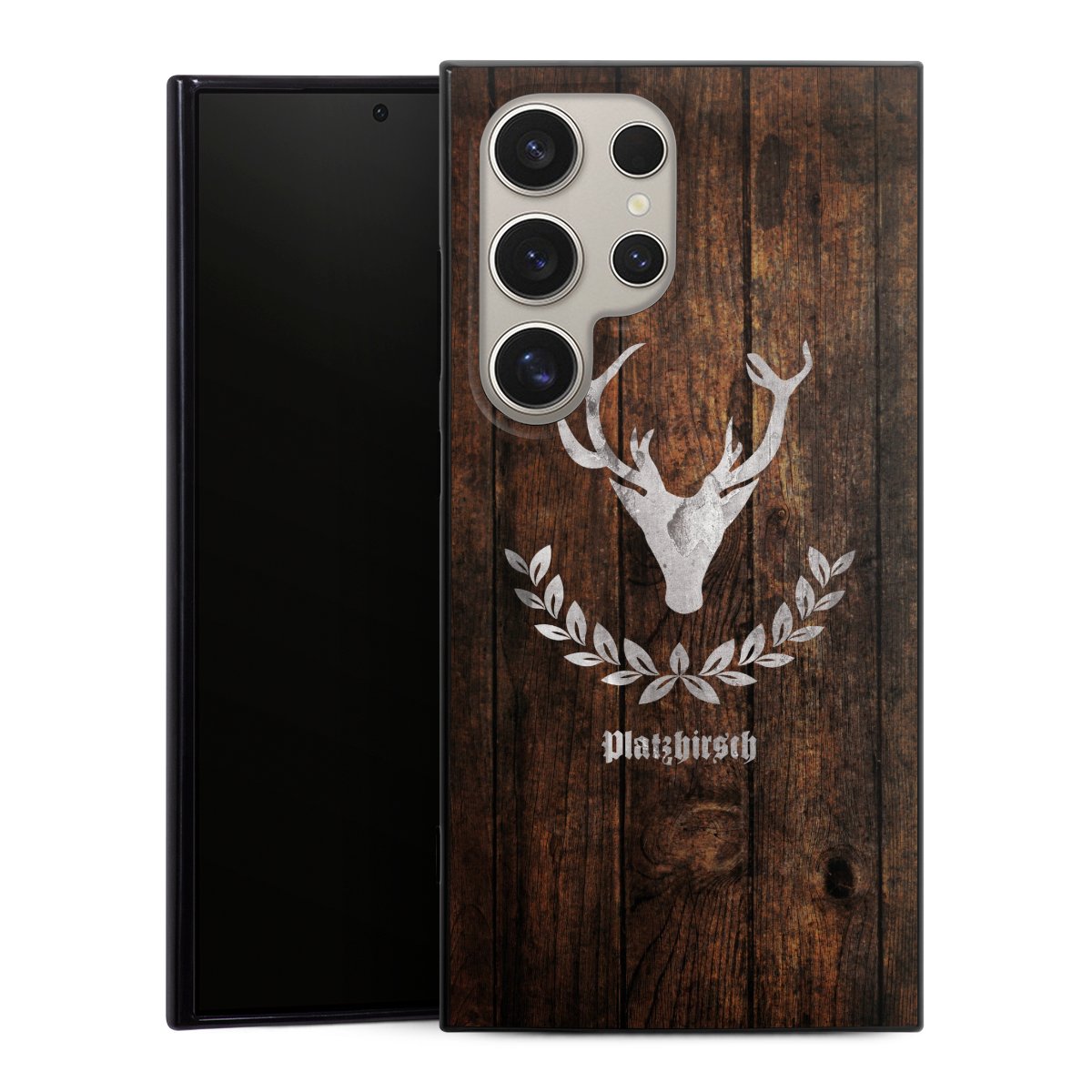 Galaxy S24 Ultra Handy Silikon Hülle Case schwarz Handyhülle Deer Wood Wooden Look