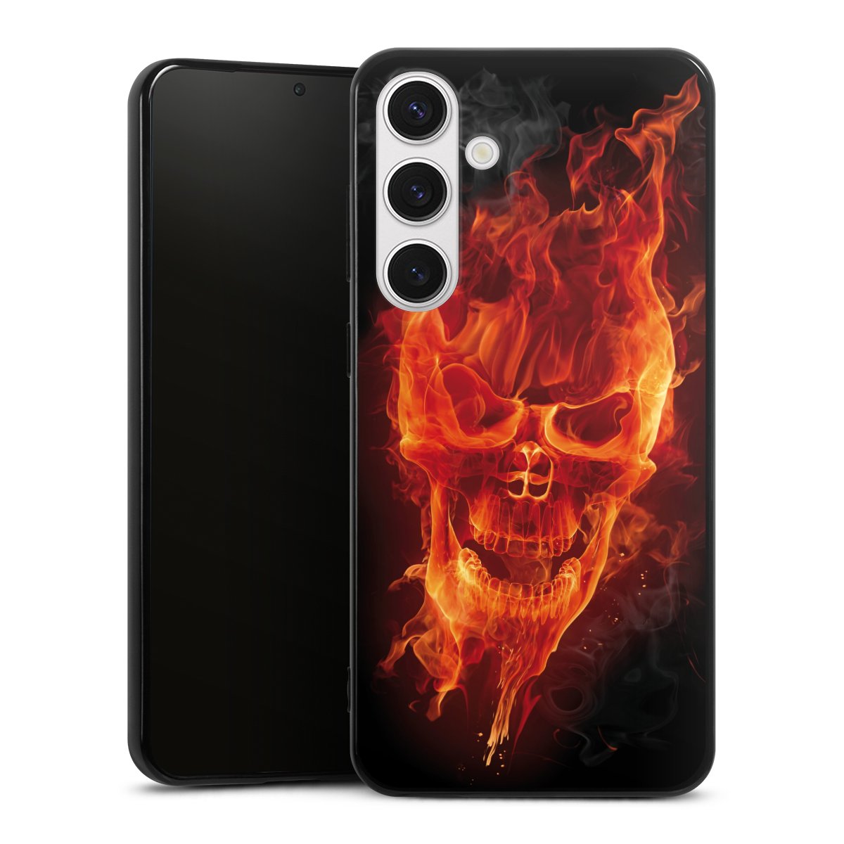 Galaxy S24+ Handy Silikon Hülle Case schwarz Handyhülle Totenkopf Skull Fire