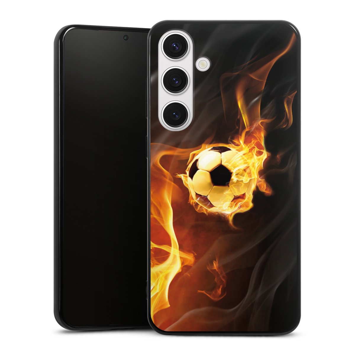 Galaxy S24+ Handy Silikon Hülle Case schwarz Handyhülle Ball Fire Soccer