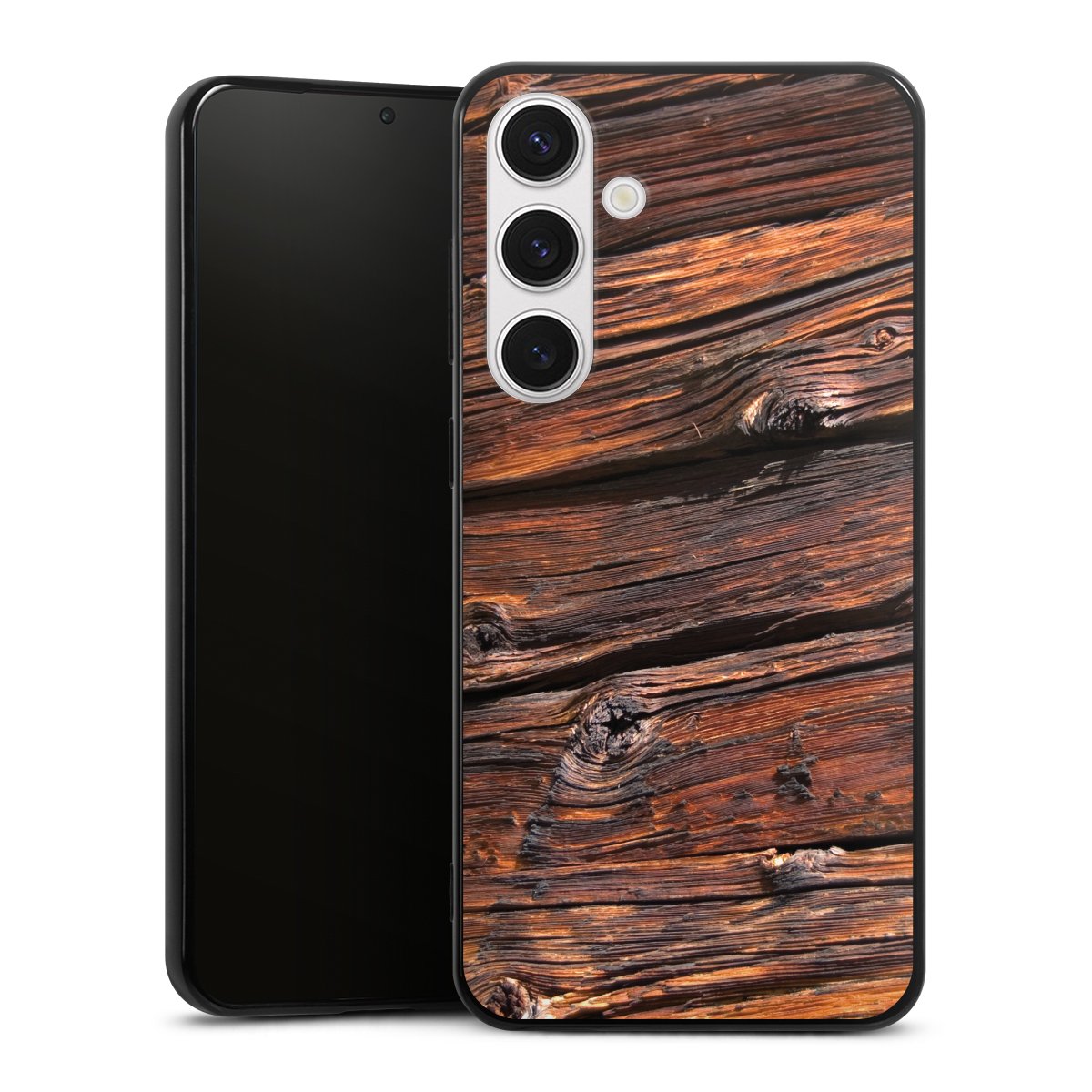 Galaxy S24+ Handy Silikon Hülle Case schwarz Handyhülle Beams Wooden Look Wood