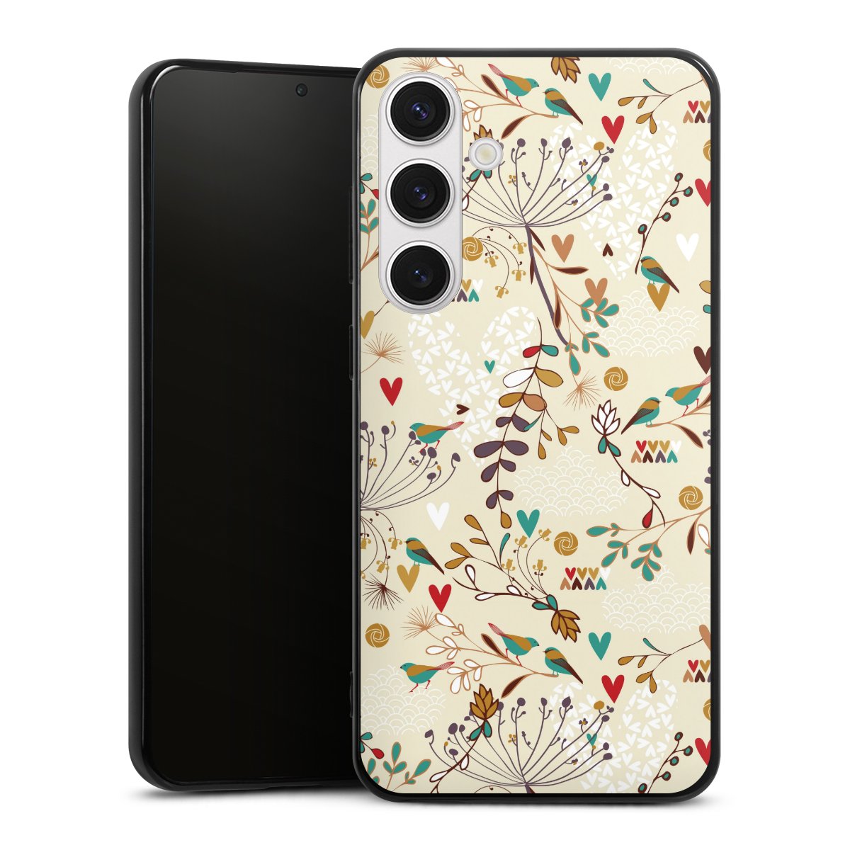 Galaxy S24+ Handy Silikon Hülle Case schwarz Handyhülle Bird Flowers Retro