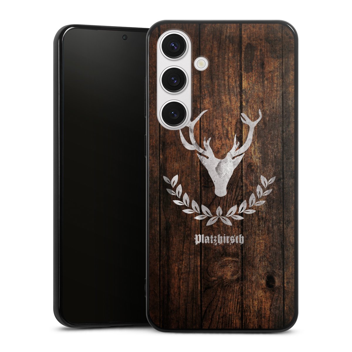 Galaxy S24+ Handy Silikon Hülle Case schwarz Handyhülle Deer Wood Wooden Look