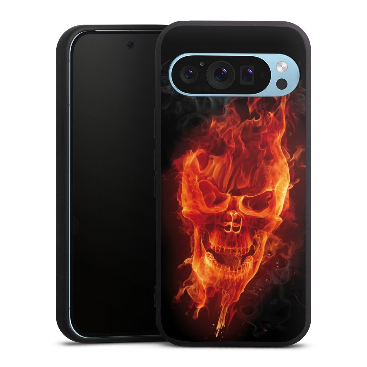 Google Pixel 9 Pro Handy Premium Silikon Hülle Handyhülle schwarz Case Totenkopf Skull Fire Silikon Premium Case