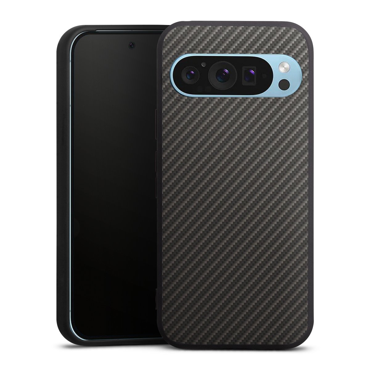 Google Pixel 9 Pro Handy Premium Silikon Hülle Handyhülle schwarz Case Metallic Look Carbon Muster Silikon Premium Case