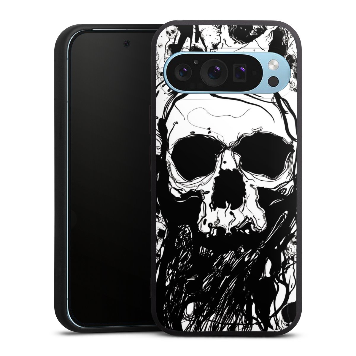 Google Pixel 9 Pro Handy Premium Silikon Hülle Handyhülle schwarz Case Totenkopf Halloween Silikon Premium Case