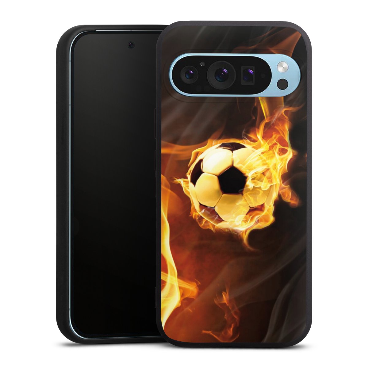 Google Pixel 9 Pro Handy Premium Silikon Hülle Handyhülle schwarz Case Ball Fire Soccer Silikon Premium Case