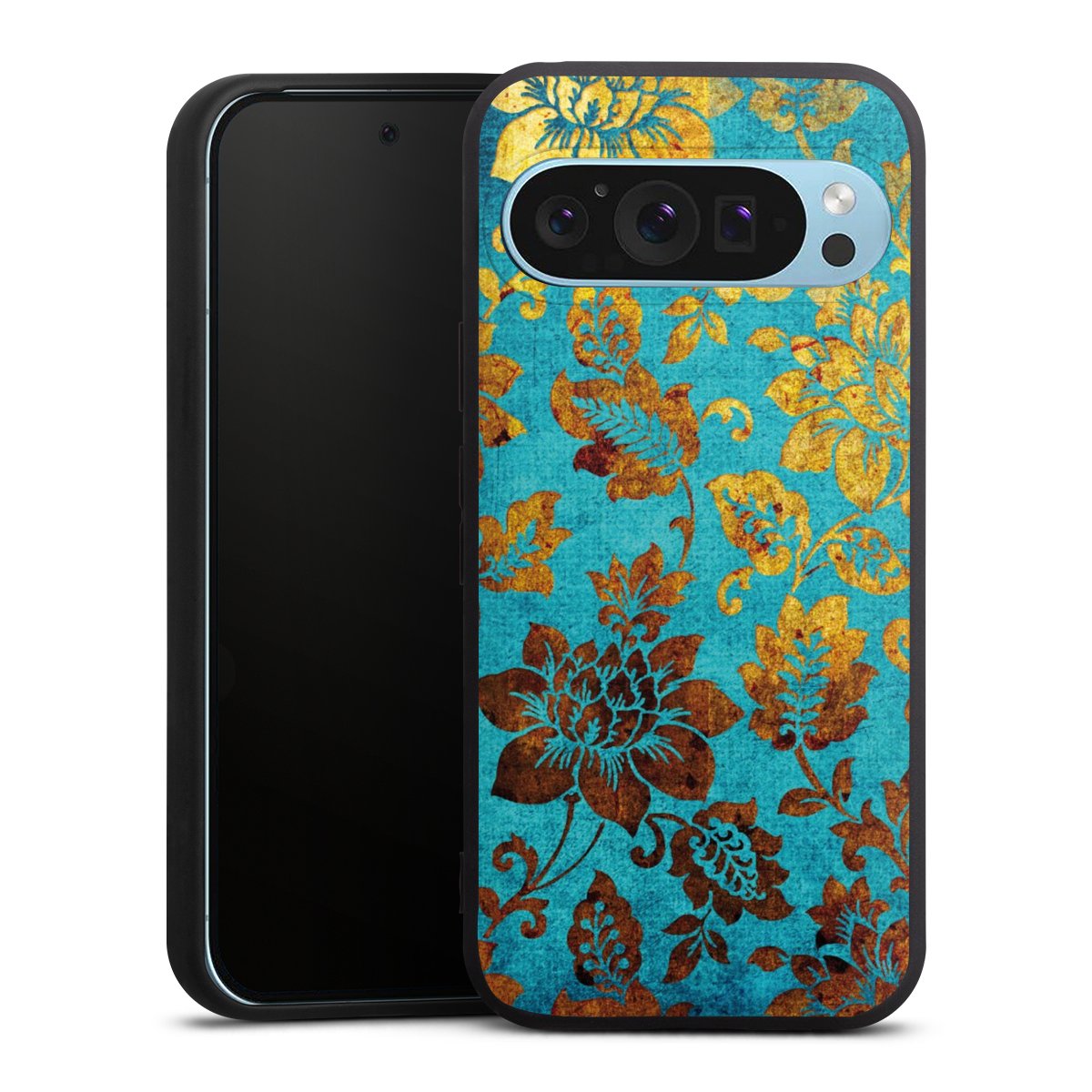 Google Pixel 9 Pro Handy Premium Silikon Hülle Handyhülle schwarz Case Ornament Vintage Flowers Silikon Premium Case