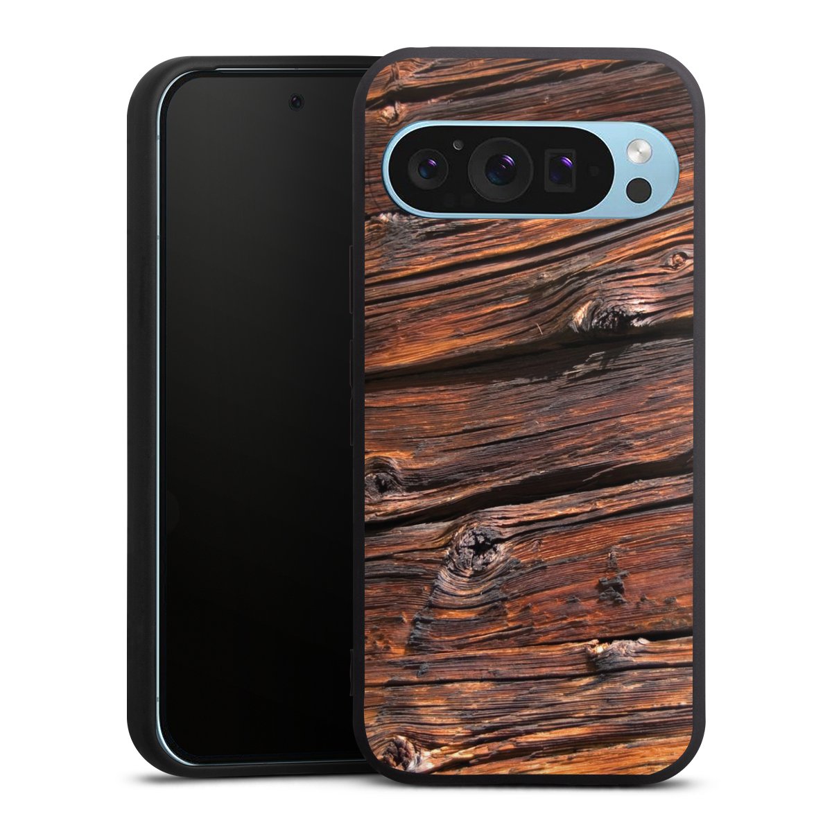 Google Pixel 9 Pro Handy Premium Silikon Hülle Handyhülle schwarz Case Beams Wooden Look Wood Silikon Premium Case