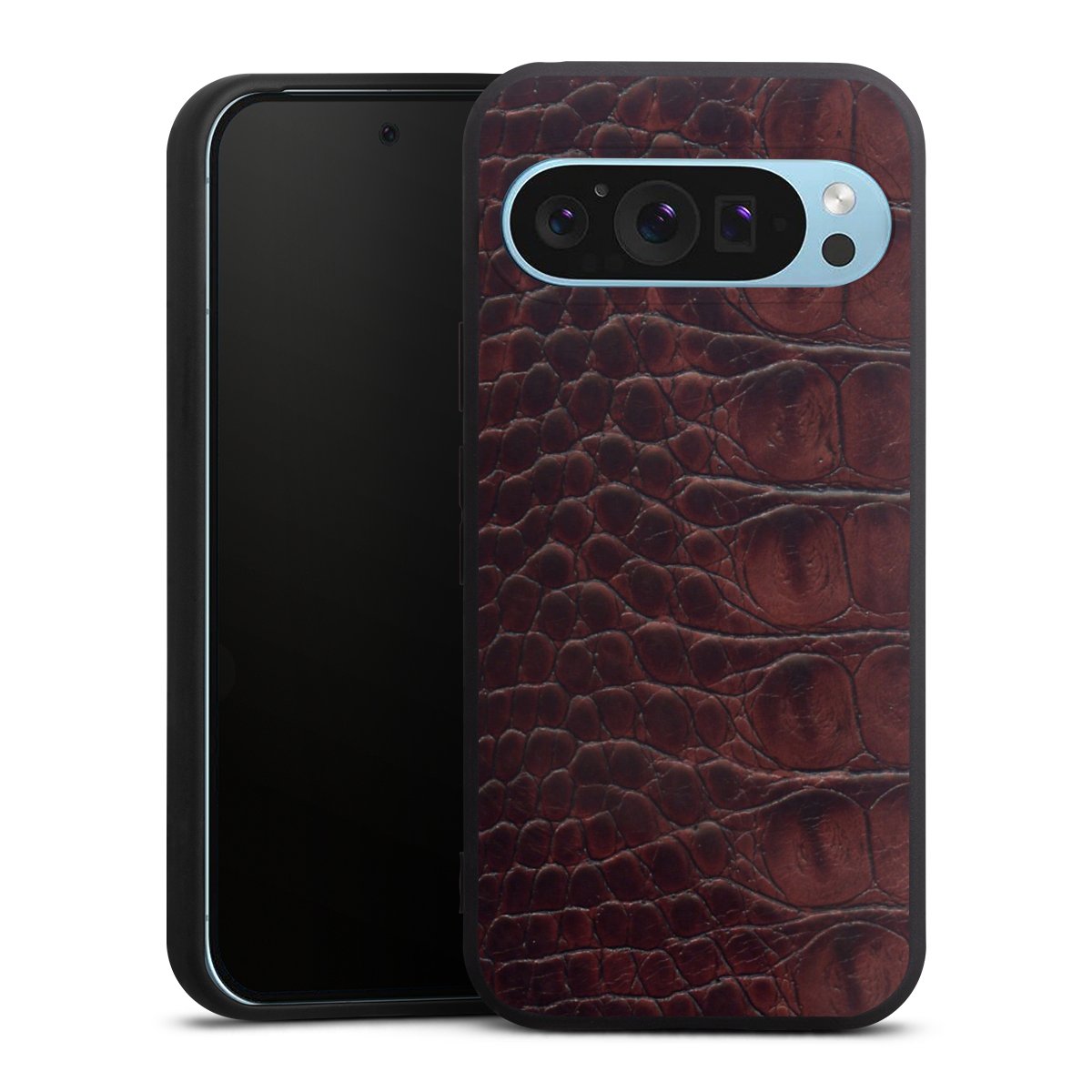 Google Pixel 9 Pro Handy Premium Silikon Hülle Handyhülle schwarz Case Crocodile Animal Print Leather Silikon Premium Case