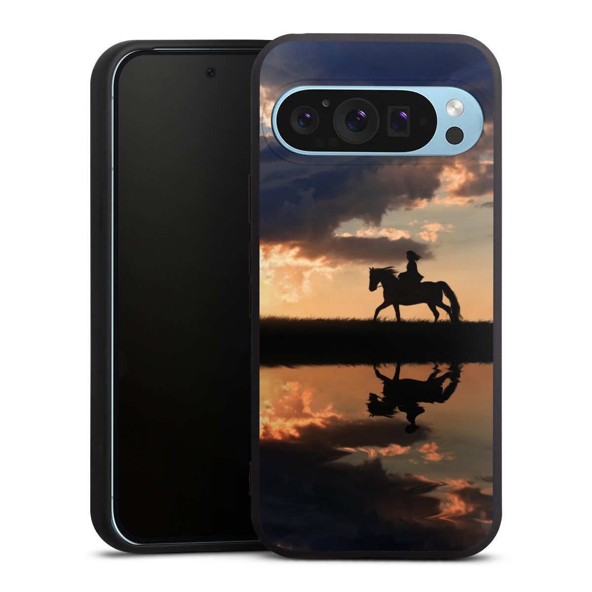 Google Pixel 9 Pro Handy Premium Silikon Hülle Handyhülle schwarz Case Horse Sunset Horseback Riding Silikon Premium Case