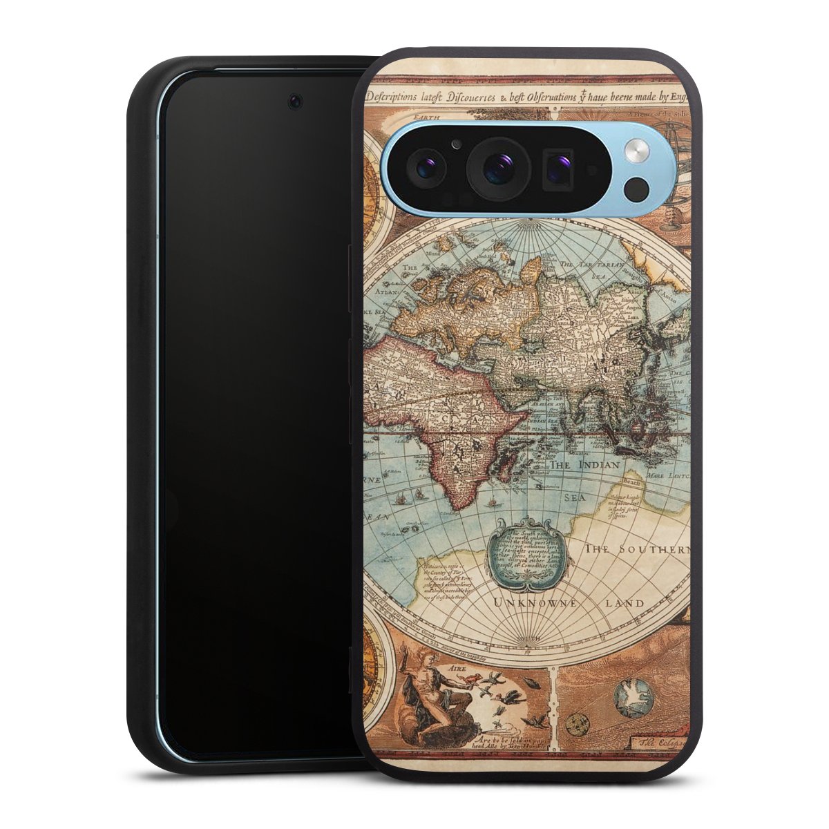 Google Pixel 9 Pro Handy Premium Silikon Hülle Handyhülle schwarz Case World Map Vintage Map Silikon Premium Case