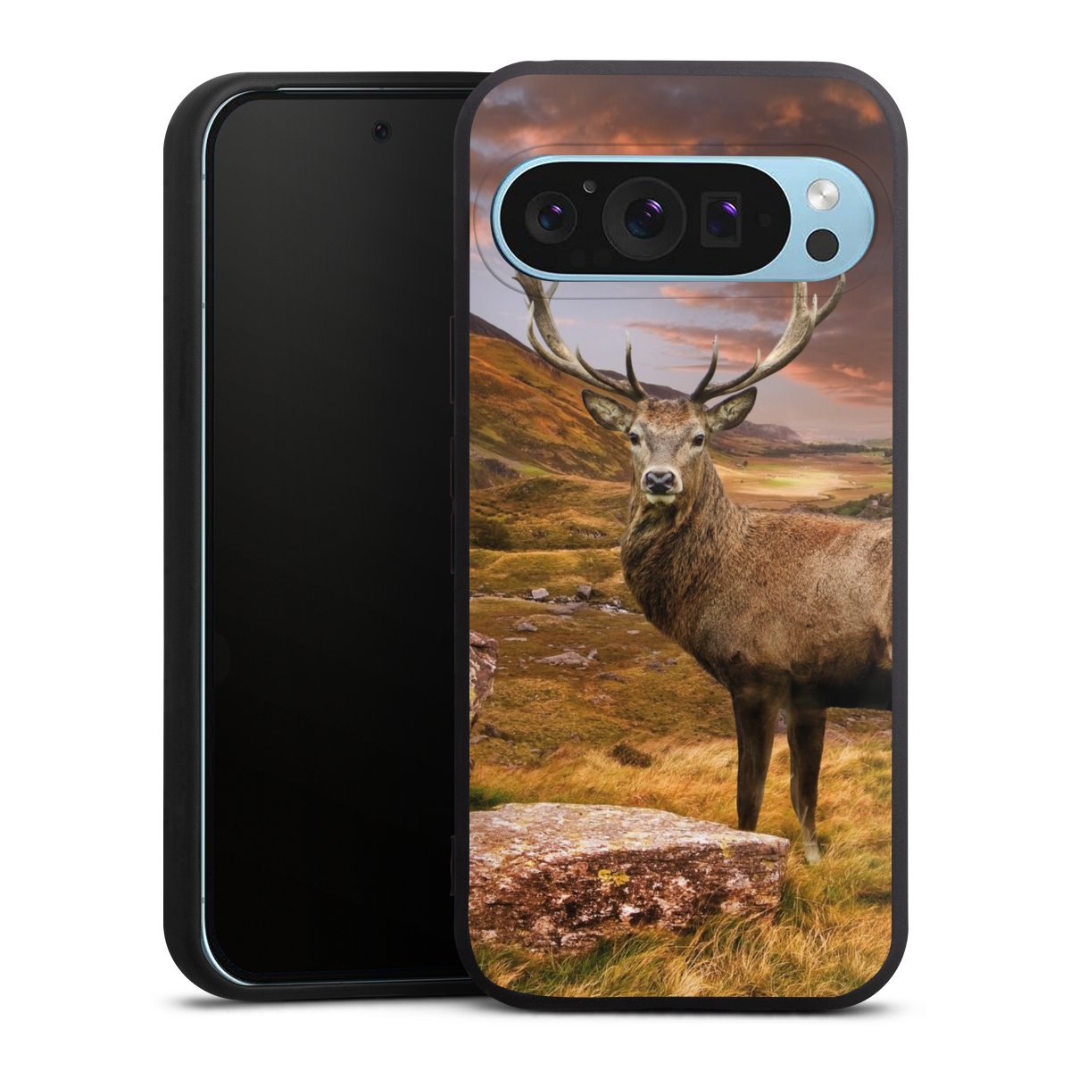 Google Pixel 9 Pro Handy Premium Silikon Hülle Handyhülle schwarz Case Meadow Mountain Deer Silikon Premium Case