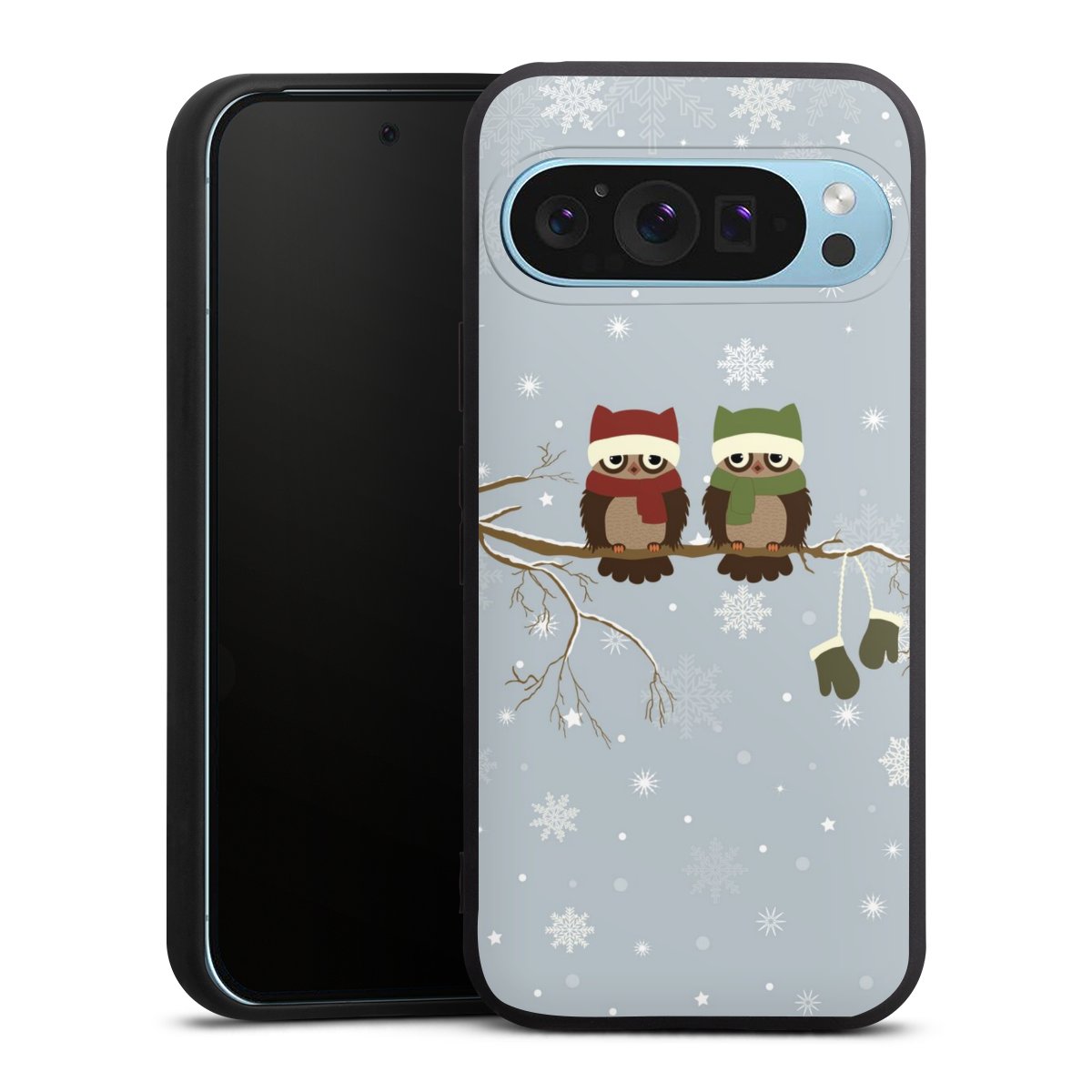 Google Pixel 9 Pro Handy Premium Silikon Hülle Handyhülle schwarz Case Owl Winter Christmas Silikon Premium Case