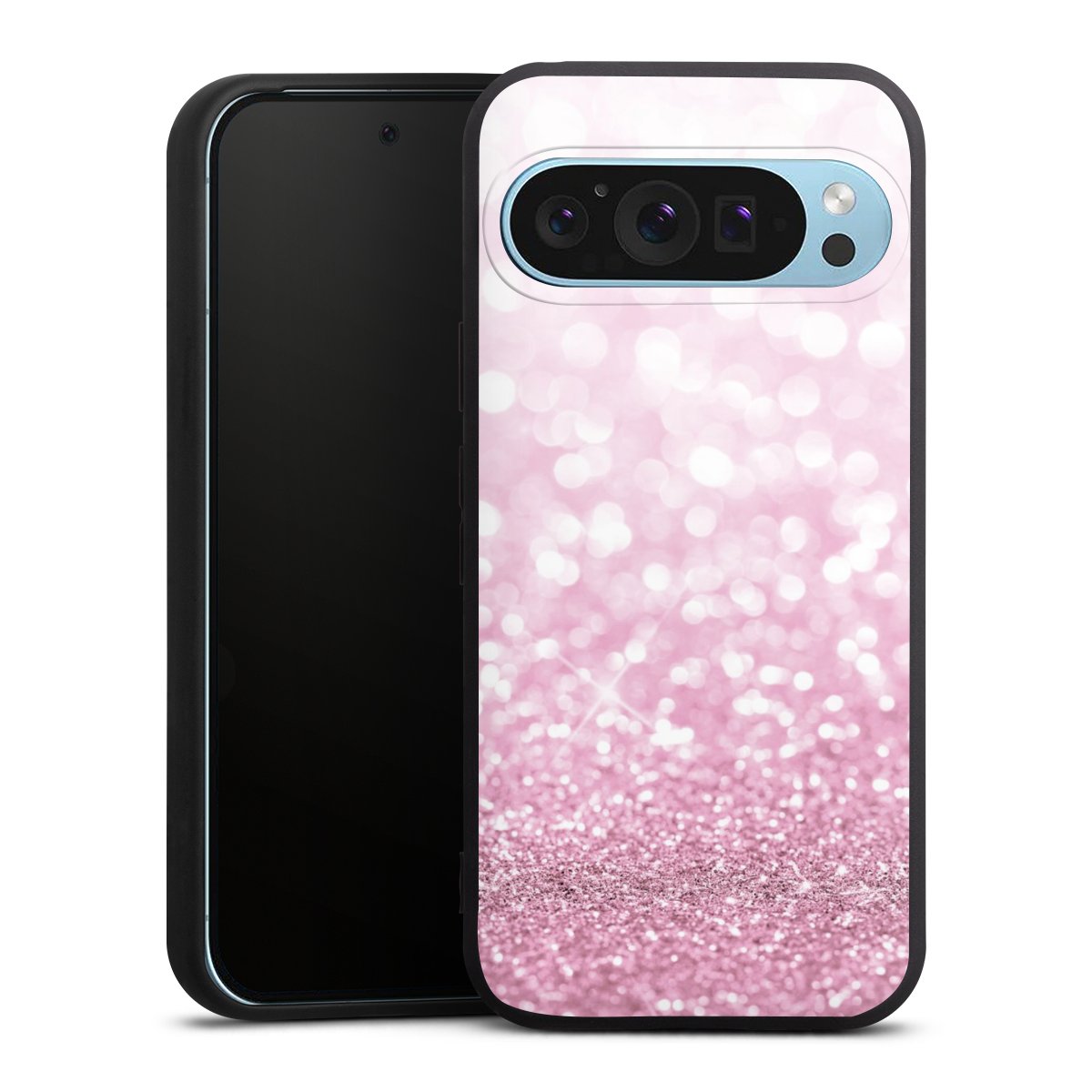 Google Pixel 9 Pro Handy Premium Silikon Hülle Handyhülle schwarz Case Glitzer Pink Shine Silikon Premium Case