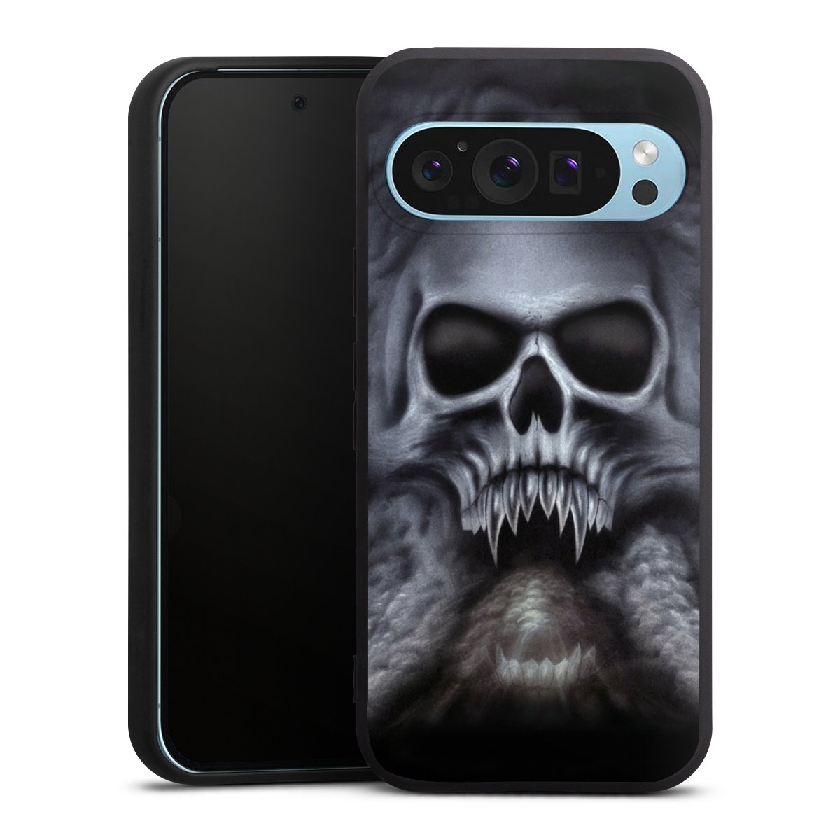 Google Pixel 9 Pro Handy Premium Silikon Hülle Handyhülle schwarz Case Totenkopf Skull Silikon Premium Case