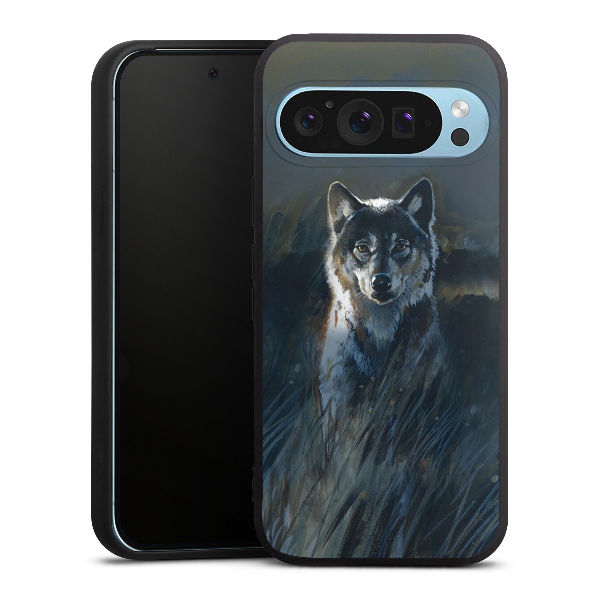 Google Pixel 9 Pro Handy Premium Silikon Hülle Handyhülle schwarz Case Nature Wolf Painting Silikon Premium Case