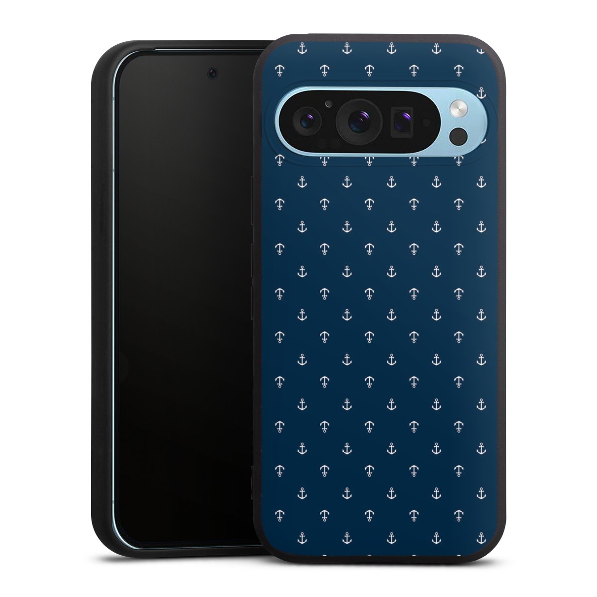 Google Pixel 9 Pro Handy Premium Silikon Hülle Handyhülle schwarz Case Muster Anchor Sail Silikon Premium Case