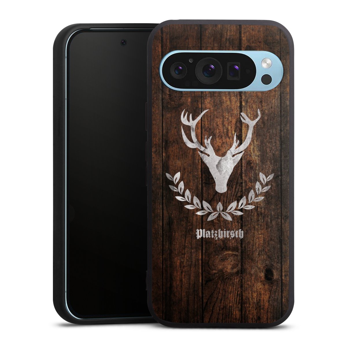 Google Pixel 9 Pro Handy Premium Silikon Hülle Handyhülle schwarz Case Deer Wood Wooden Look Silikon Premium Case