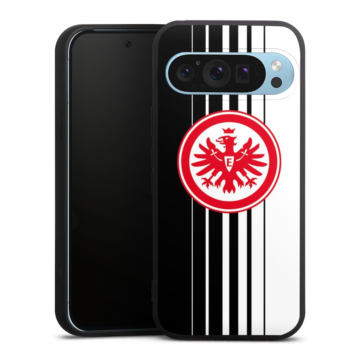 Google Pixel 9 Pro Handy Premium Silikon Hülle Handyhülle schwarz Case Stripes Eintracht Frankfurt Official Licensed Product Silikon Premium Case