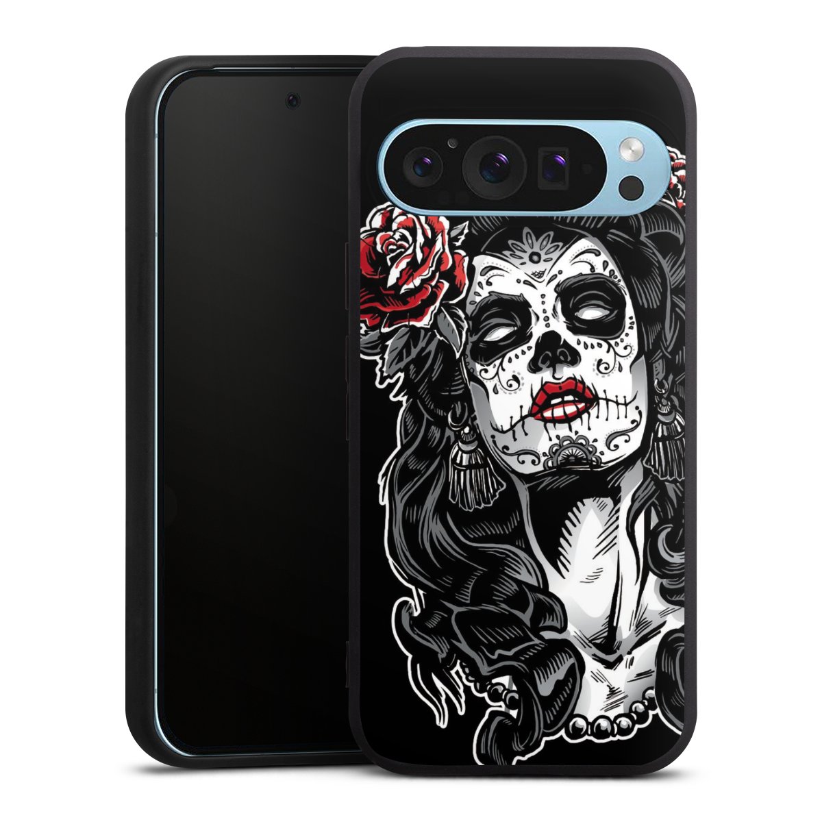 Google Pixel 9 Pro Handy Premium Silikon Hülle Handyhülle schwarz Case Totenkopf Día De Los Muertos Rock 'N' Roll Silikon Premium Case