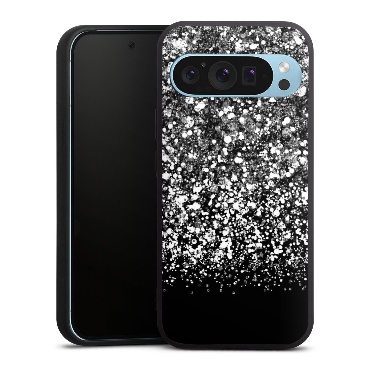 Google Pixel 9 Pro Handy Premium Silikon Hülle Handyhülle schwarz Case Glitzer Snowflake Muster Silikon Premium Case