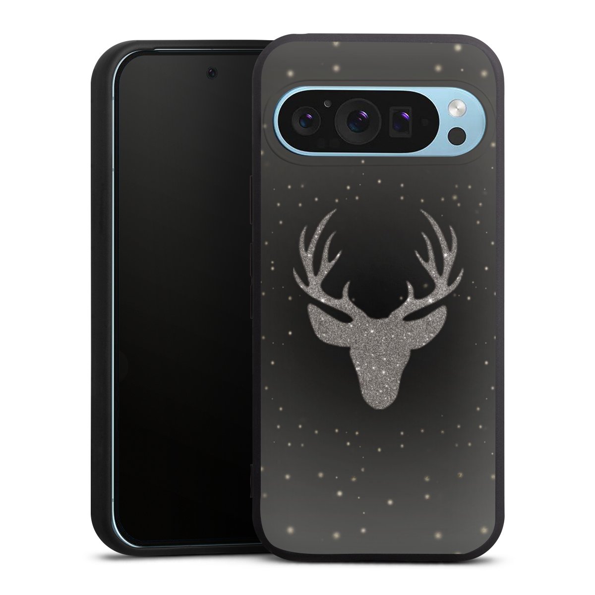 Google Pixel 9 Pro Handy Premium Silikon Hülle Handyhülle schwarz Case Winter Deer Glitzer Silikon Premium Case