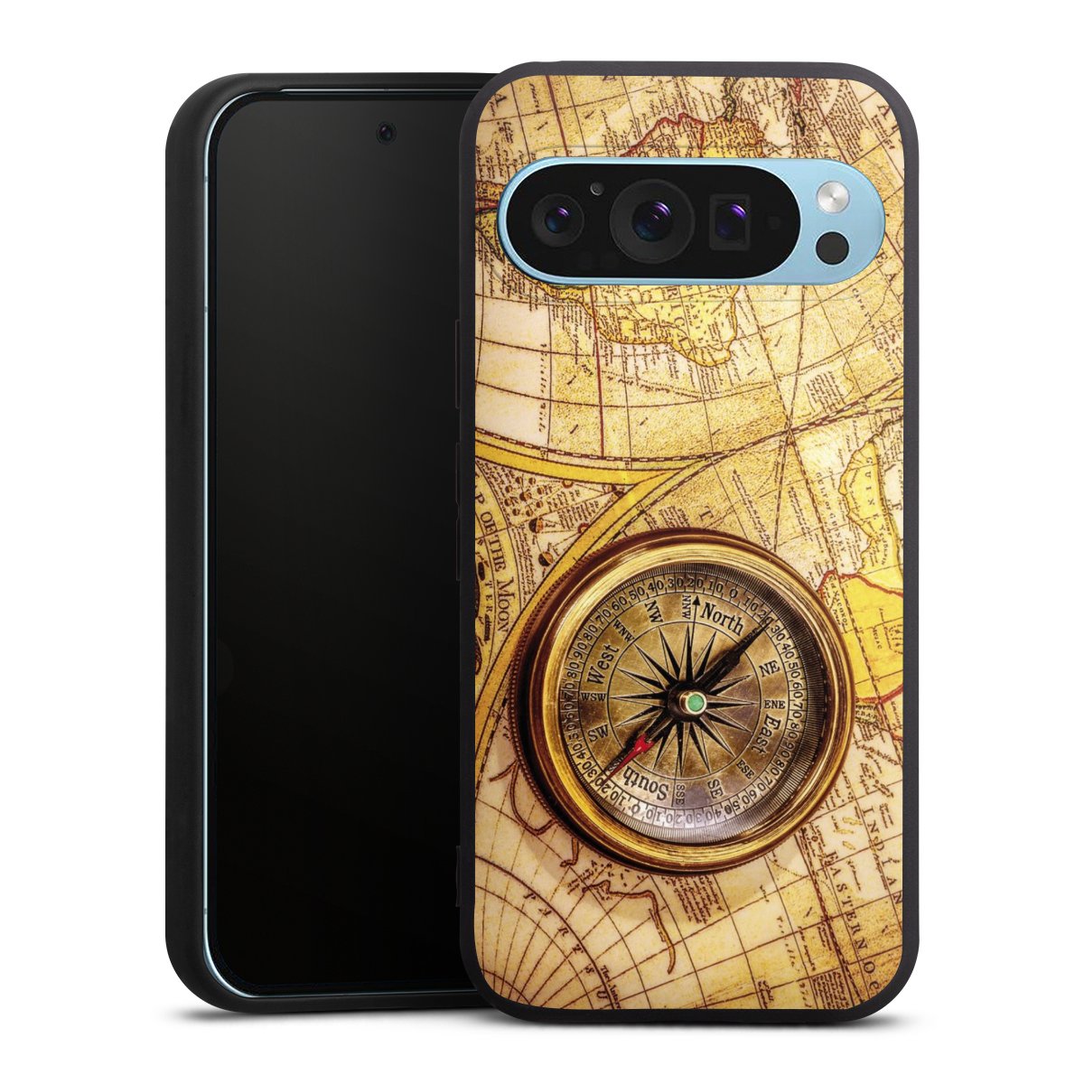 Google Pixel 9 Pro Handy Premium Silikon Hülle Handyhülle schwarz Case World Map Map Compass Silikon Premium Case